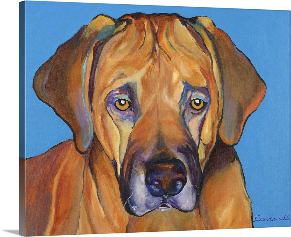 A painting of a dog whose eyes and demeanor appear sad.