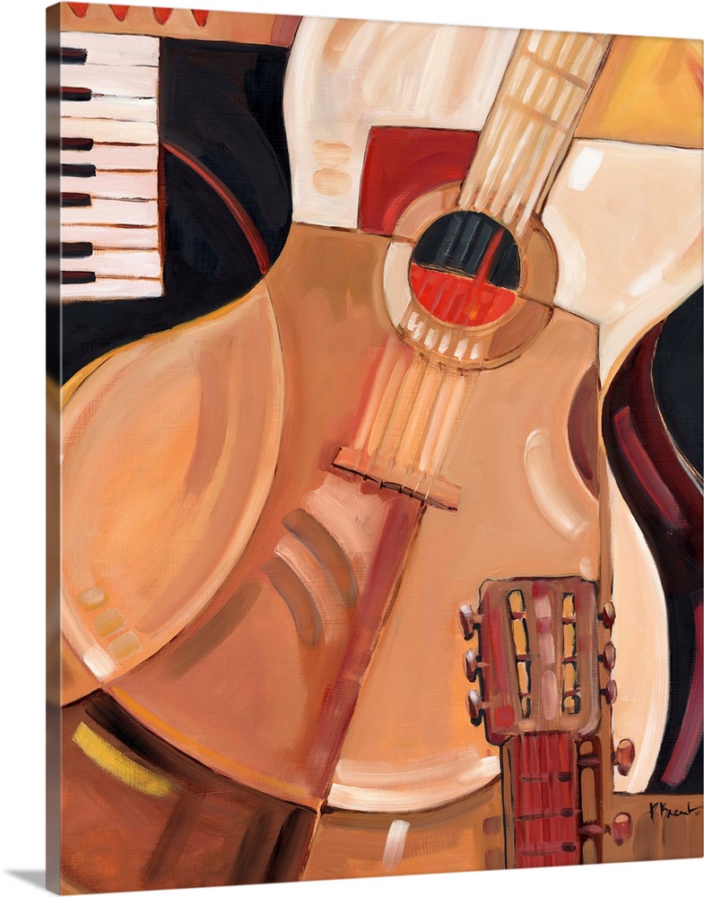 Abstracted painting of a guitar and other musical instrument elements, done in neutral tones.