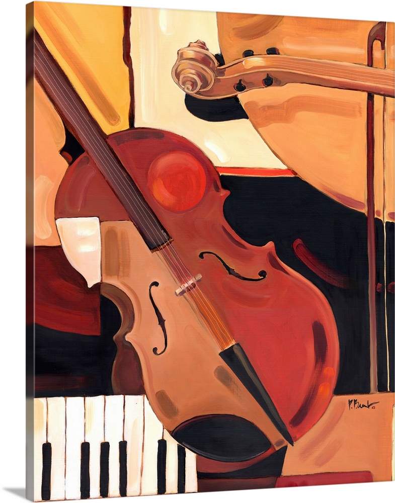 Abstracted painting of a violin and other musical instrument elements, done in neutral tones.