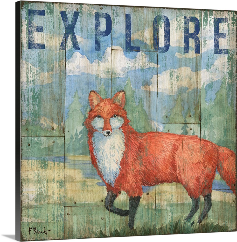 Square cabin decor with a fox and wilderness painted on a faux wood background with "Explore" written at the top in blue.