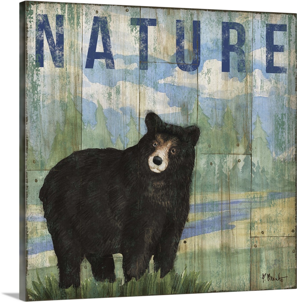 Square cabin decor with a black bear and wilderness painted on a faux wood background with "Nature" written at the top in ...