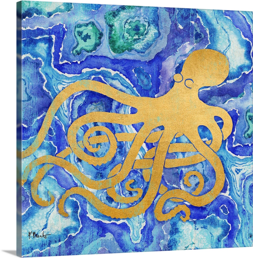Square decor with a metallic gold octopus on a blue, green, and purple agate patterned background.