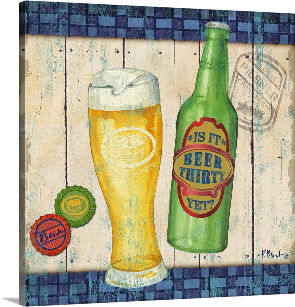 Decorative artwork featuring a pint and a bottle of beer with bottlecaps.