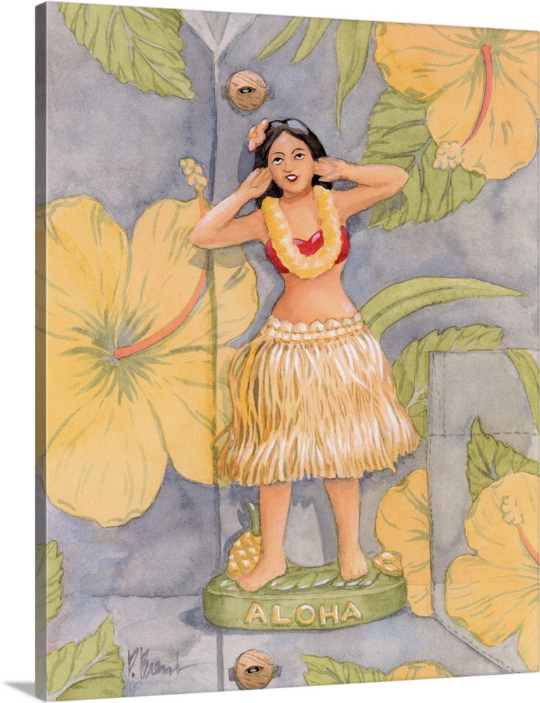 Painting from a series of hula girl figurines on a Hawaiian shirt background.