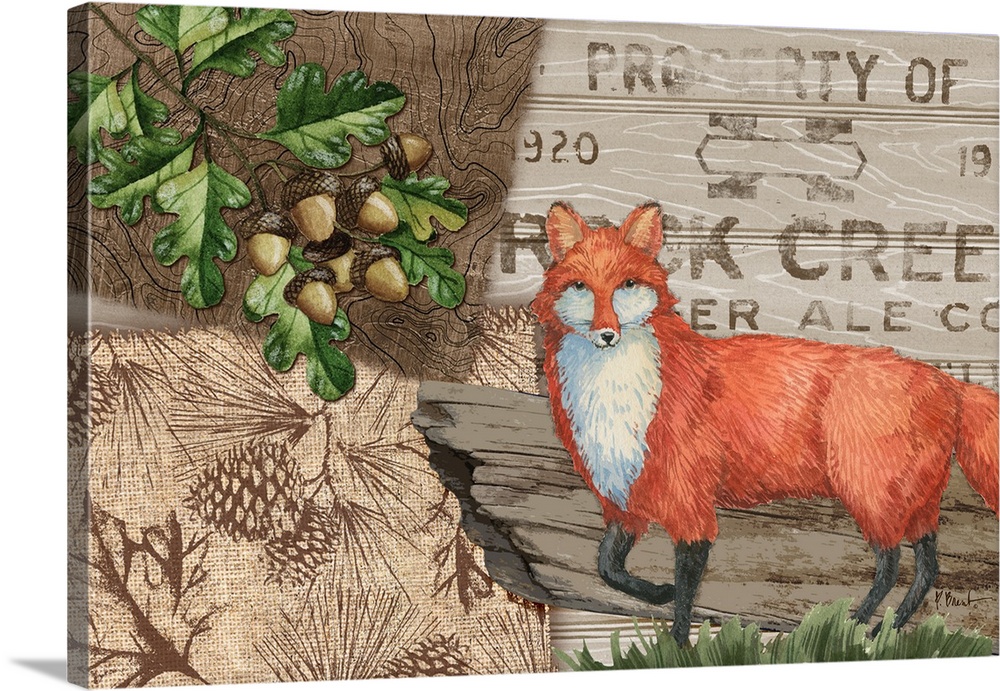 Illustration of a fox with woodland themed surroundings.