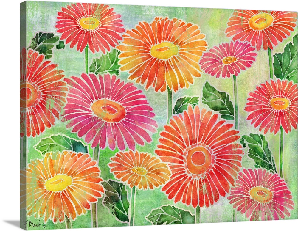 Large Spring decor with pink, red, and orange daisies on a green background.