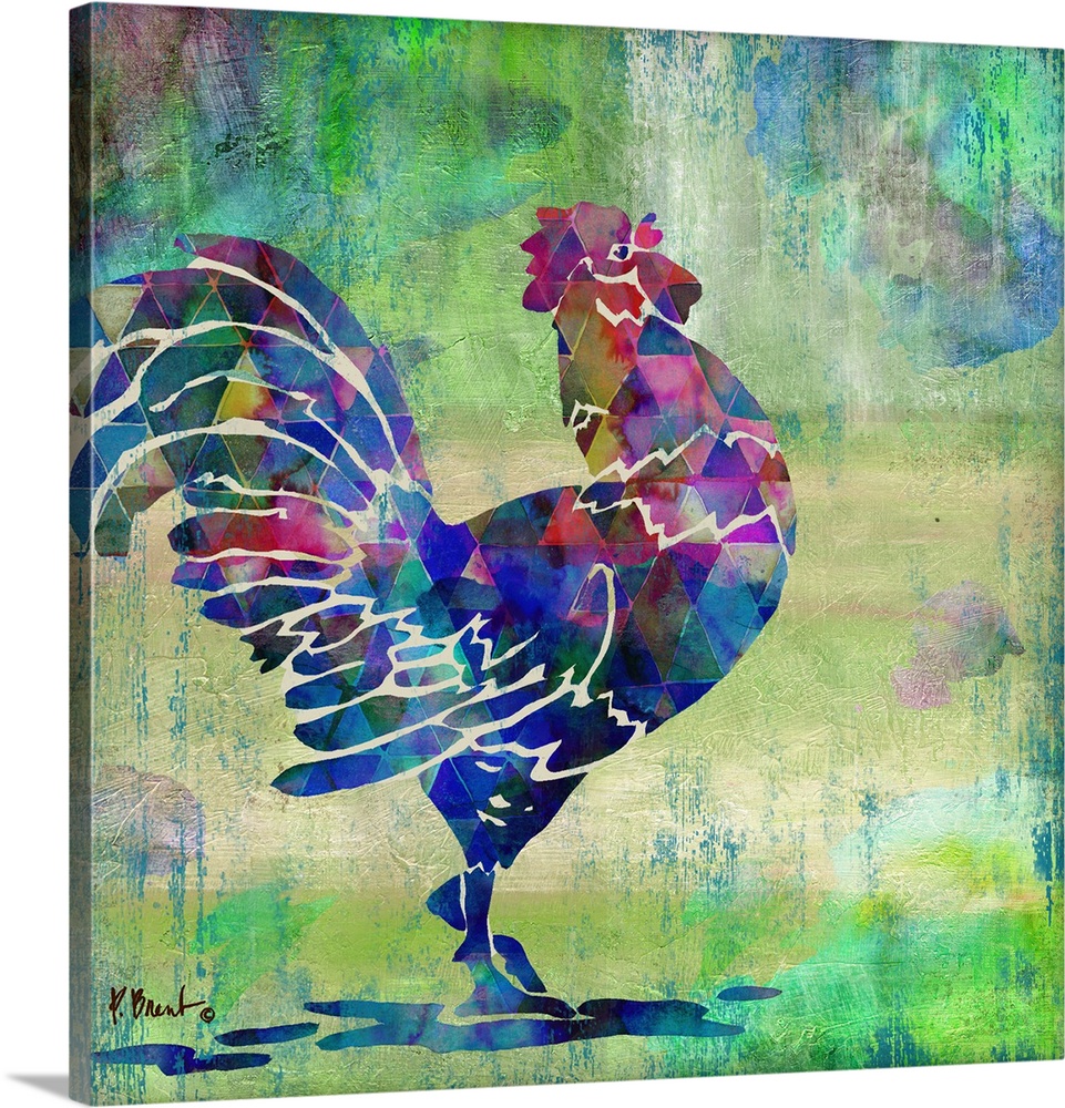 Watercolor painting of a crowing rooster in vivid blues and pinks.