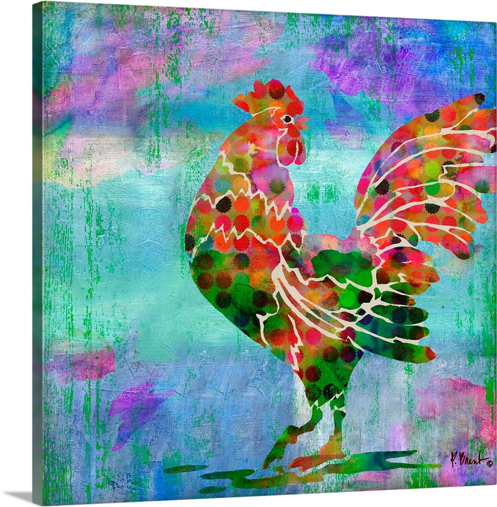 Watercolor painting of a crowing rooster in vivid reds and greens.