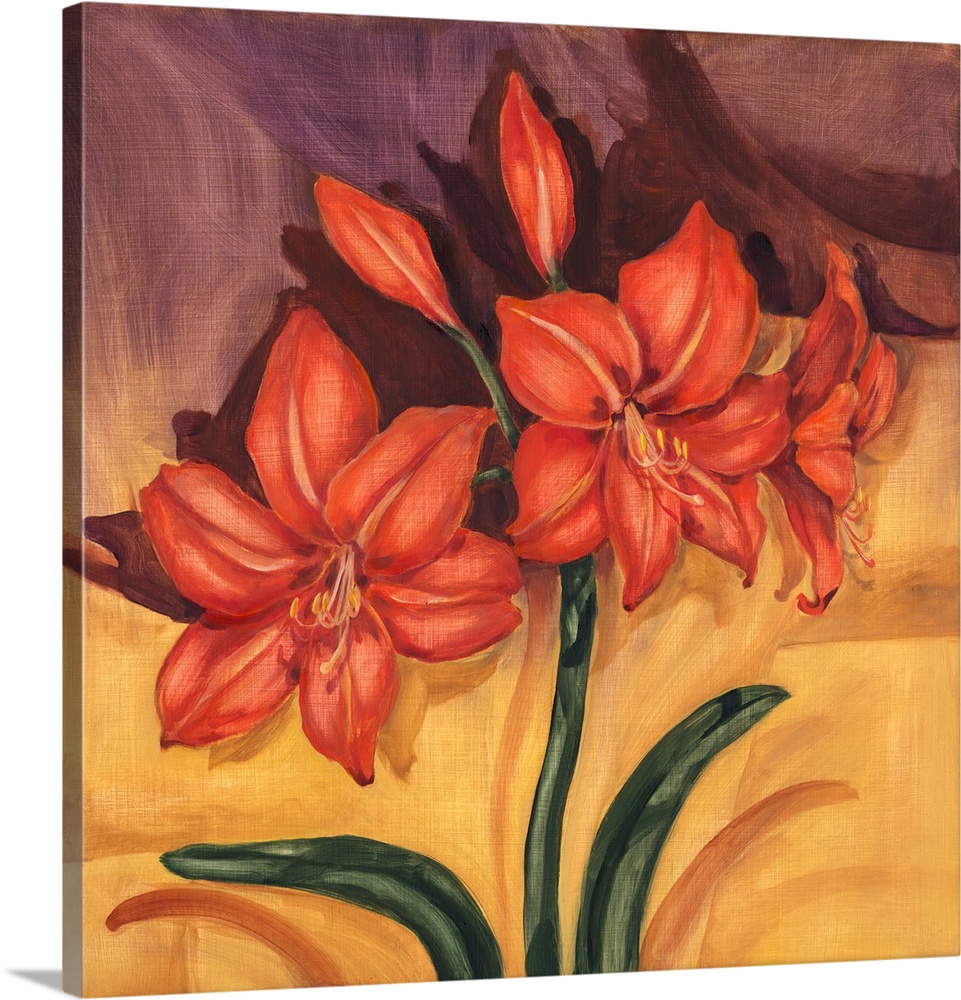 Contemporary painting of a group of amaryllis flowers.
