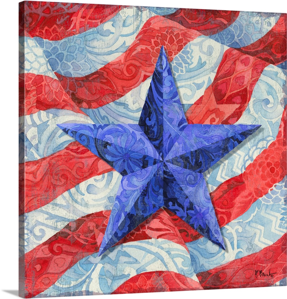 Square decor with a blue painted star and a waving American flag in the background, all with decorative details painted on...