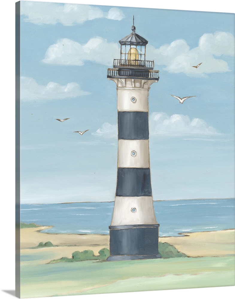 Painting of the striped Cape Canaveral lighthouse in Florida.