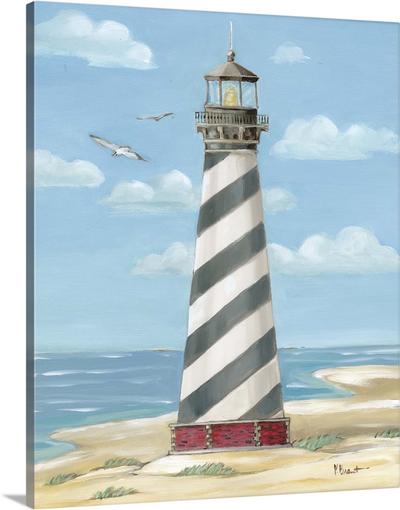 Painting of the striped Cape Hatteras lighthouse on the Outer Banks with a few seagulls.