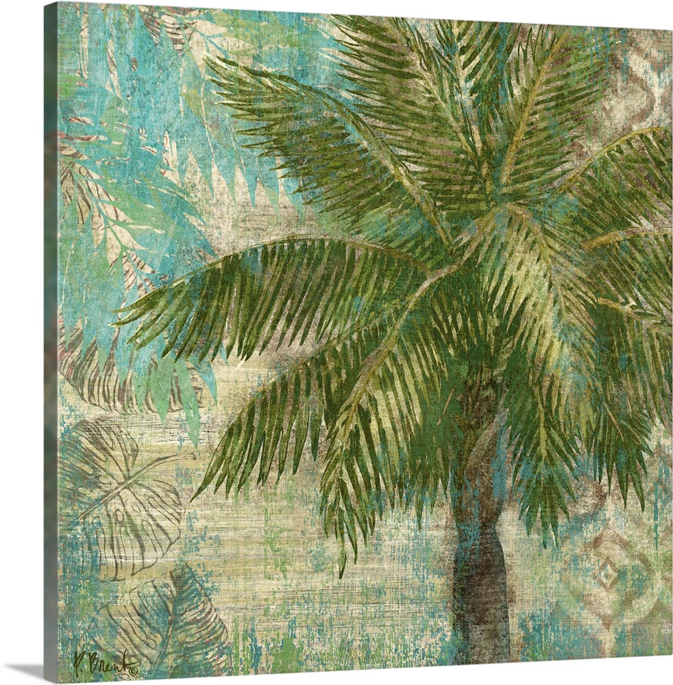 Decorative painting of a palm tree on a background textured with palm leaves.