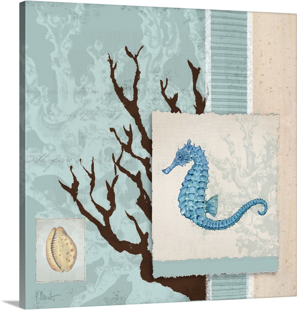 Decorative panel made of nautical-themed elements, including a coral silhouette, a small shell, and a seahorse.