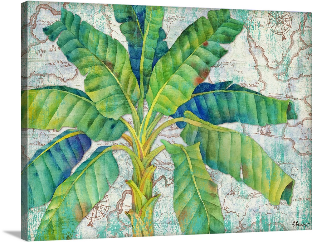 Tropical decor with a painted palm tree in green and blue tones on an illustrated map background.
