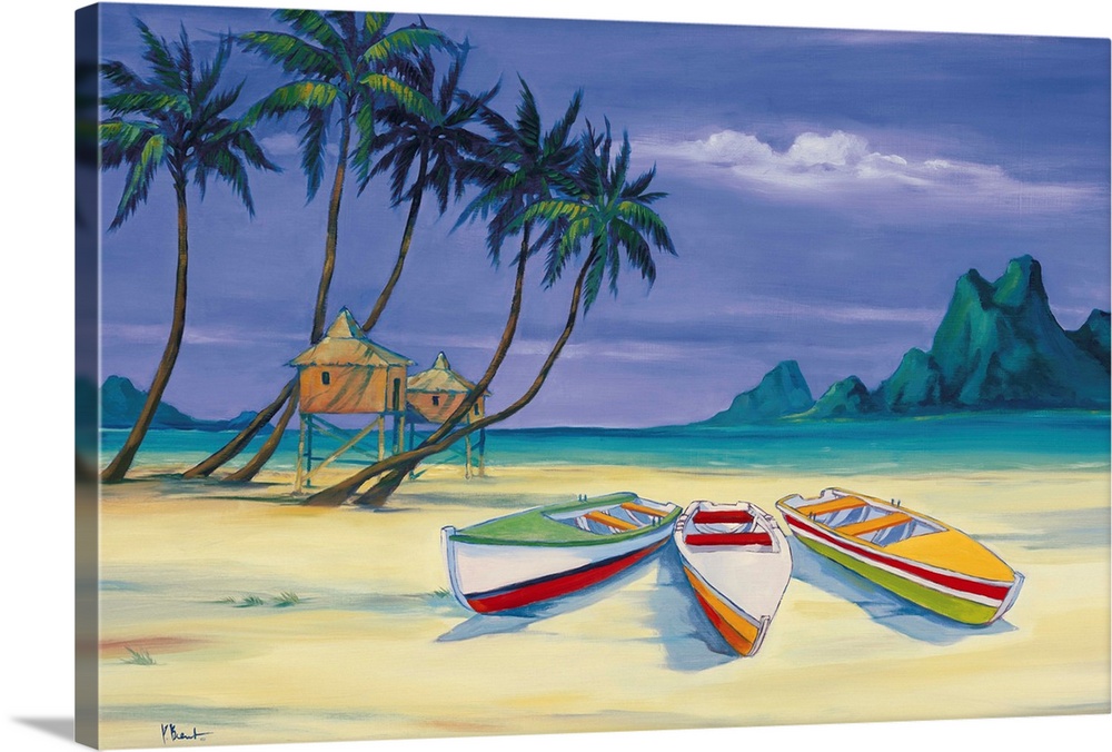 Contemporary painting of boats and beach huts on a beach with several palm trees.