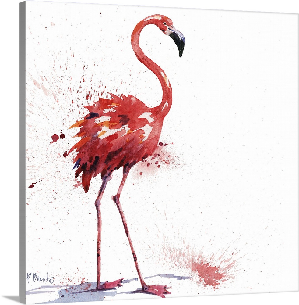 Square watercolor painting of a flamingo on a white background with pink paint splatter.