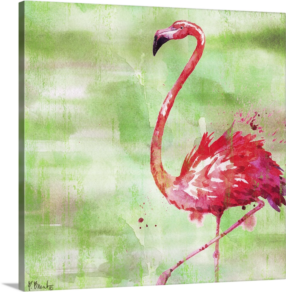 Square watercolor painting of a pink flamingo on a green and brown background with pink paint splatter.
