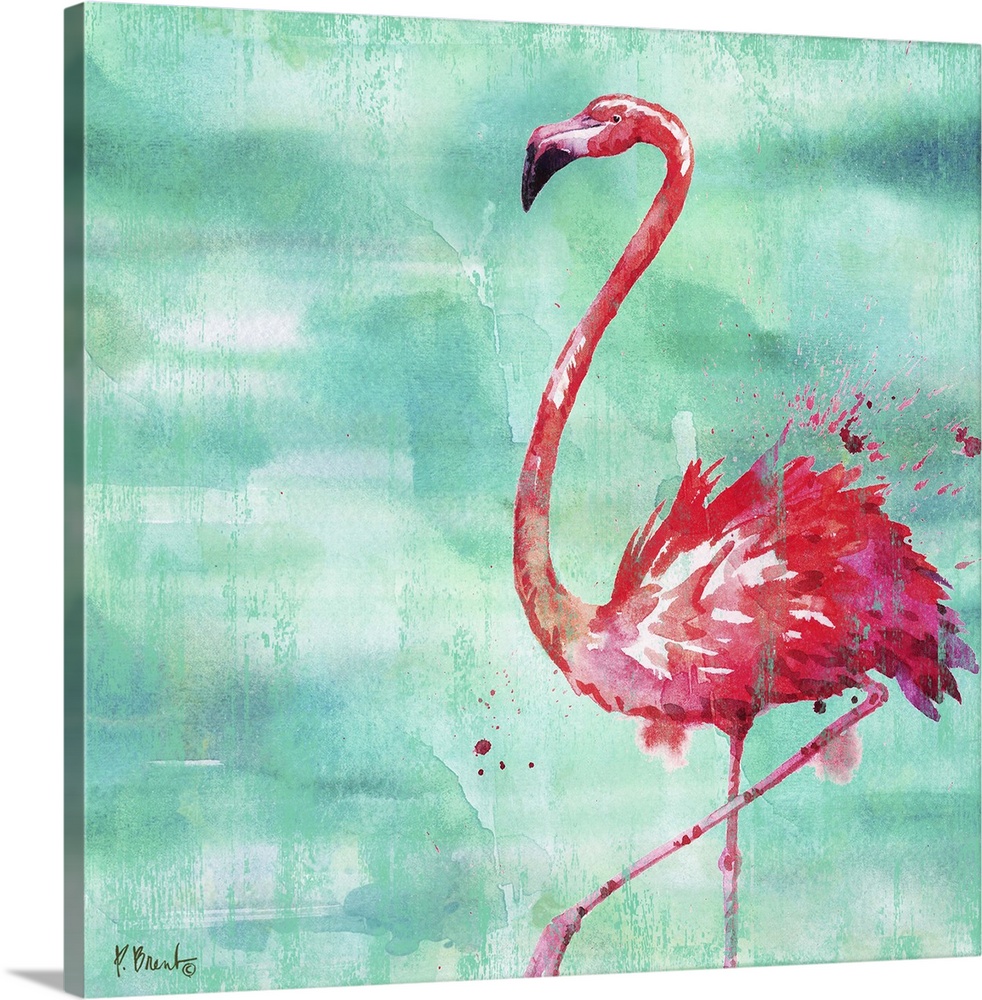 Square watercolor painting of a pink flamingo on a blue and green background with pink paint splatter.