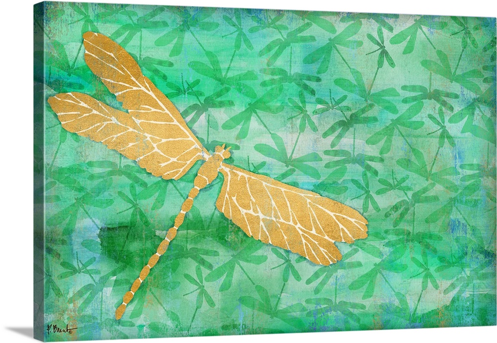 Metallic gold dragonfly on a green and blue background covered in smaller silhouetted dragonflies.