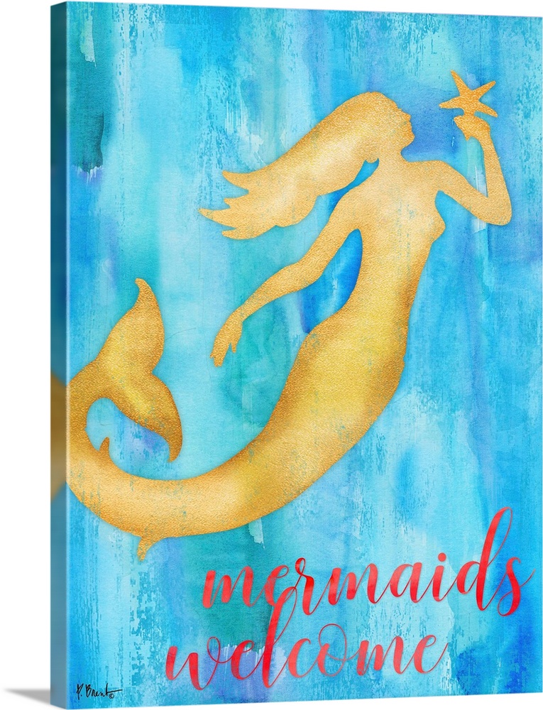 Metallic gold silhouette of a mermaid holding a starfish on a blue watercolor background with "Mermaids Welcome" written a...