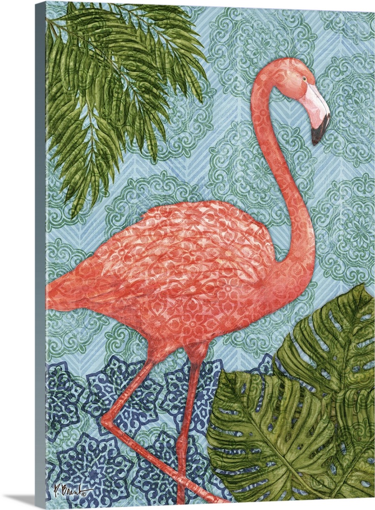 Painting of a flamingo with palm leaves on a patterned batik-style background.