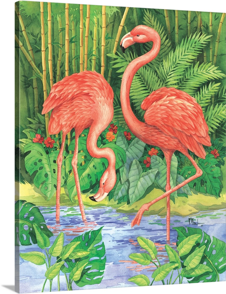 Watercolor painting of two pink flamingos in a tropical pond.