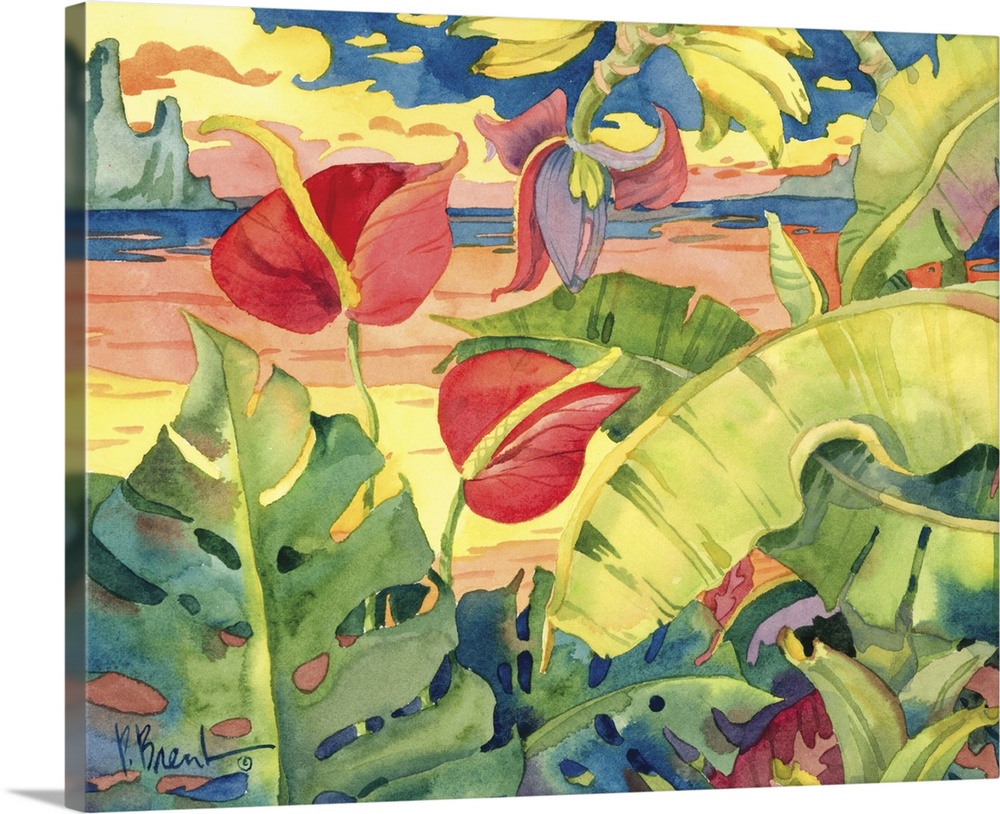 Contemporary painting of two anthuriums and palm fronds near a sandy beach.