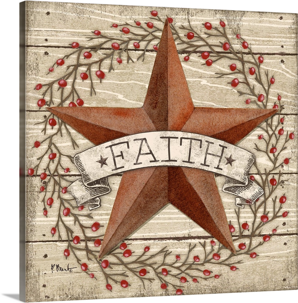 Folk art style painting of a star with a banner that says Faith on wood panels with a berry wreath.