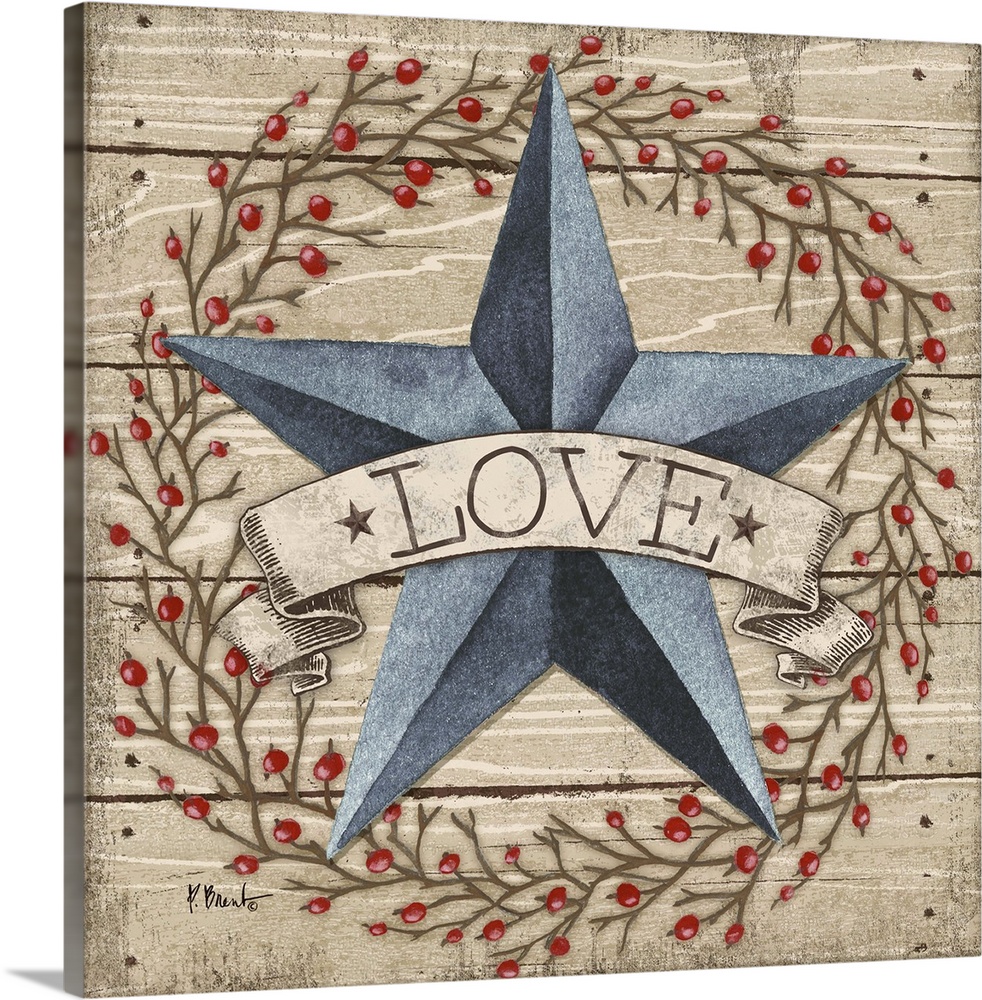 Folk art style painting of a star with a banner that says Love on wood panels with a berry wreath.