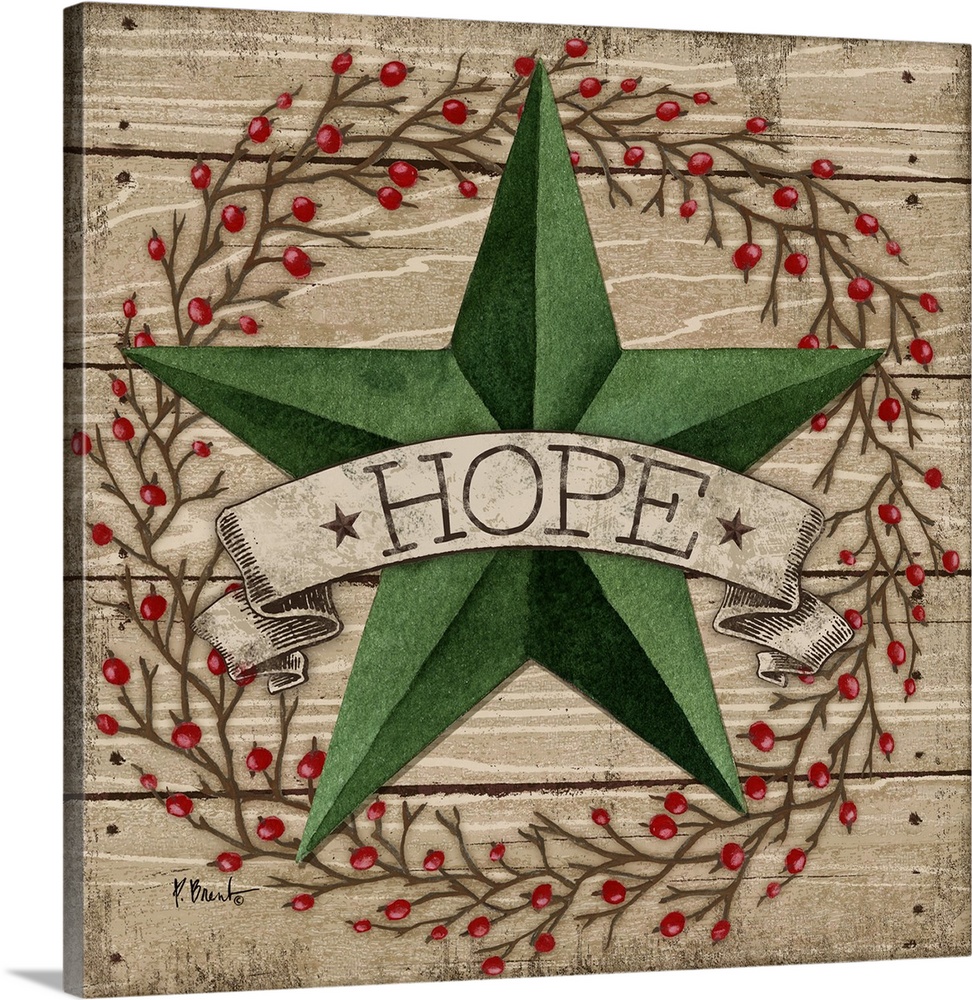Folk art style painting of a star with a banner that says Hope on wood panels with a berry wreath.