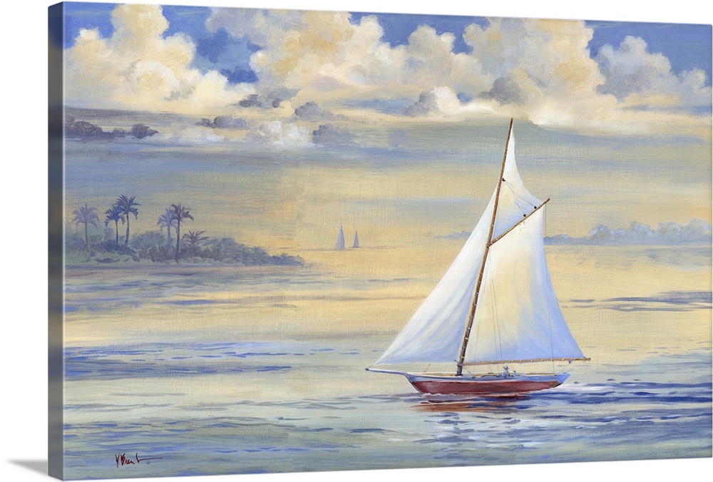 Contemporary painting of a sailboat in the bay at sunrise with large clouds overhead.