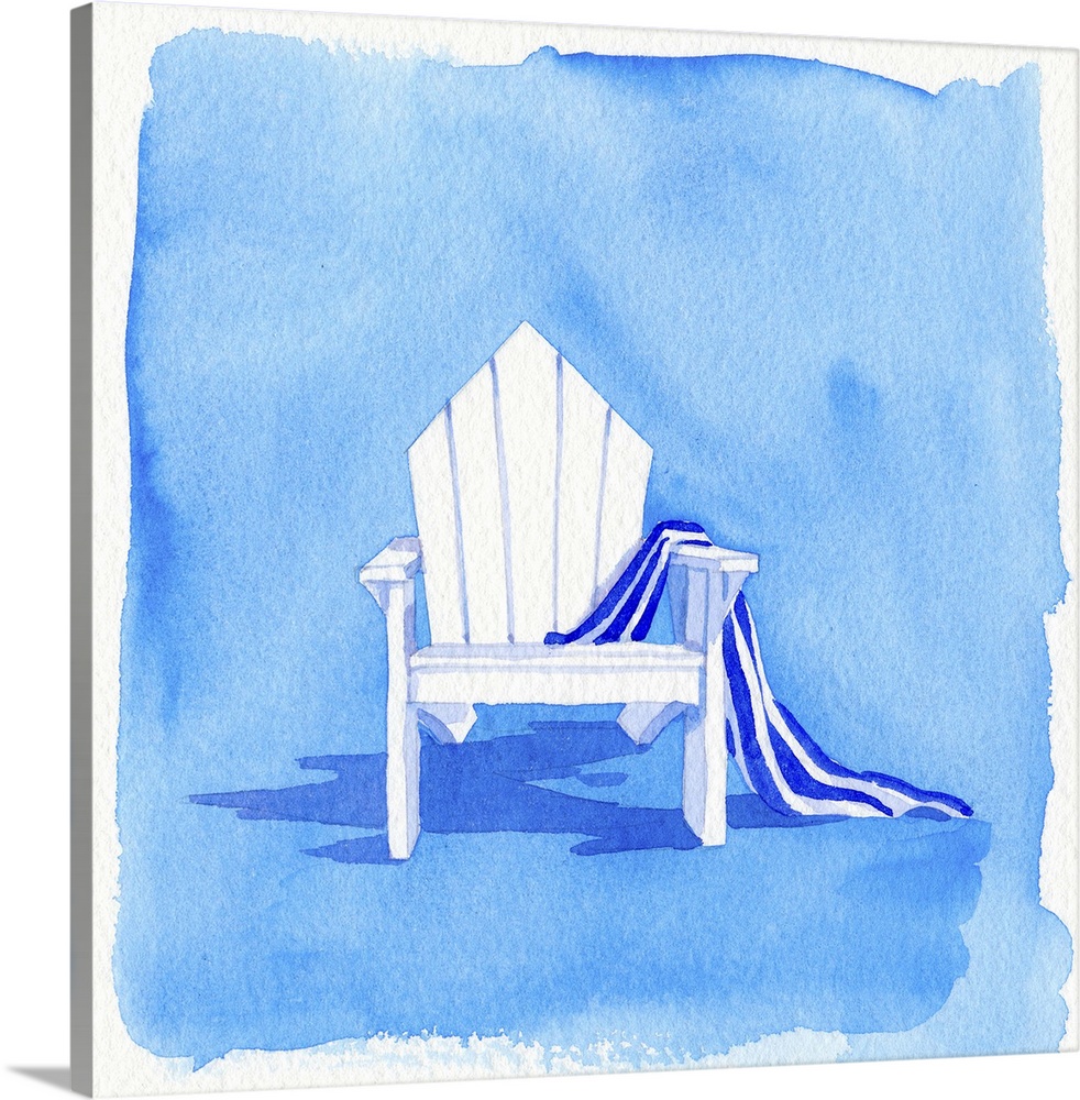 Watercolor painting from a series of adirondack chairs with a beach towel.