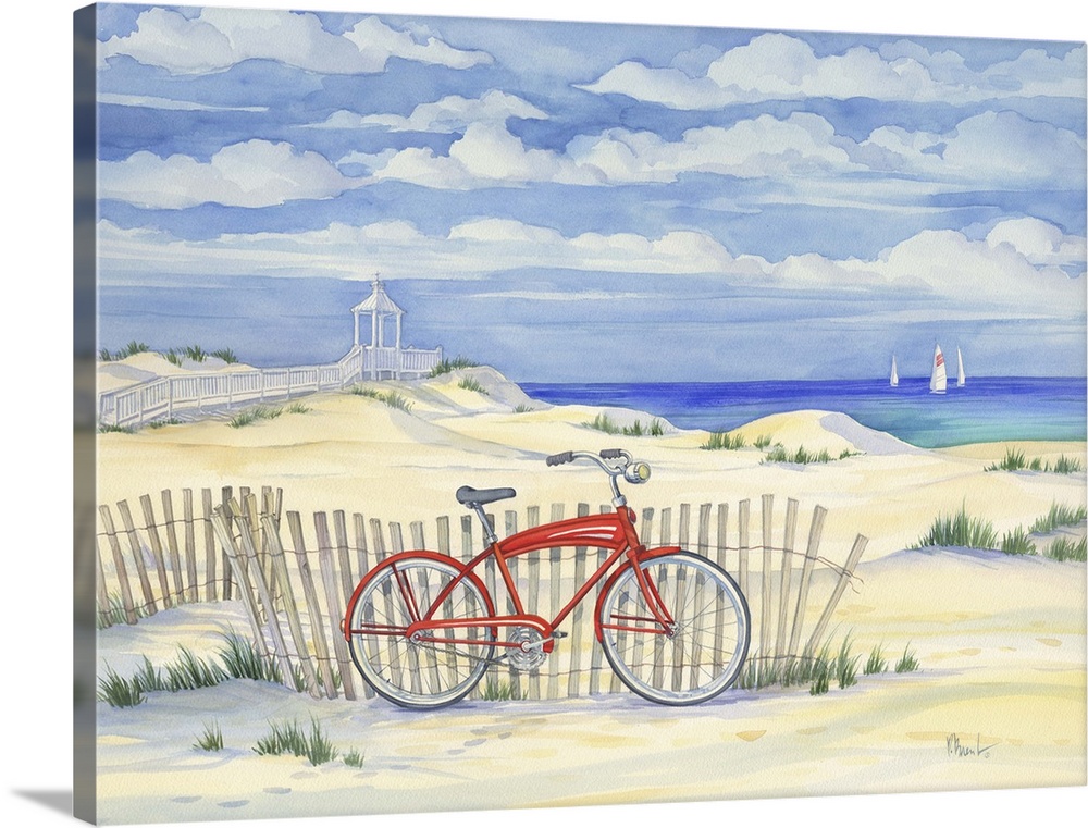 Watercolor painting of a bicycle leaning against a fence on a sandy beach.