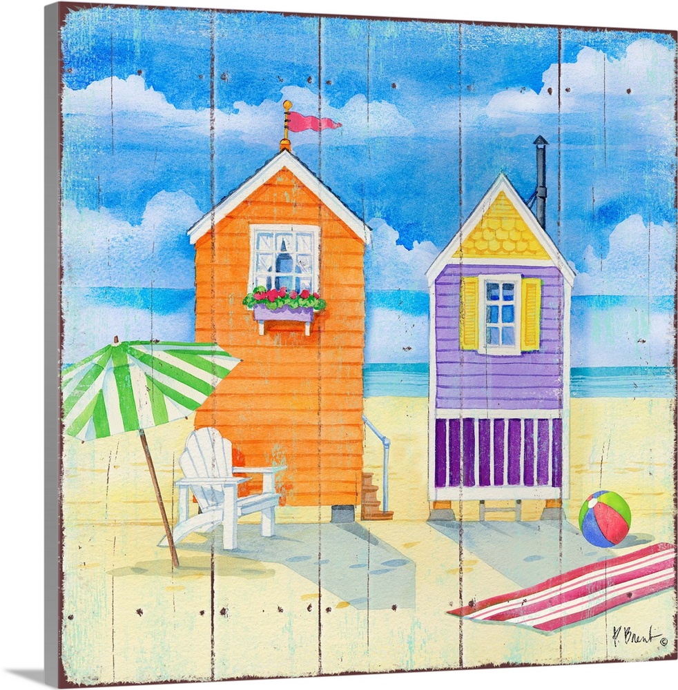 Square decor of cute little beach huts with the ocean in the background on faux wood.