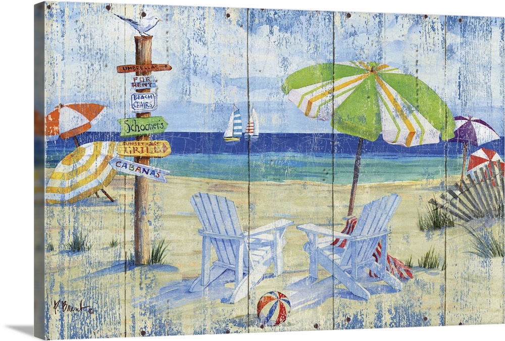 Painting on wood panels of a beach scene with adirondack chairs, a beach umbrella, and signpost.