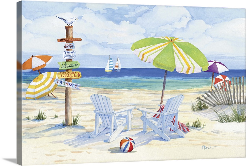 Watercolor painting of a pair of adirondack chairs on a sandy beach with a signpost.