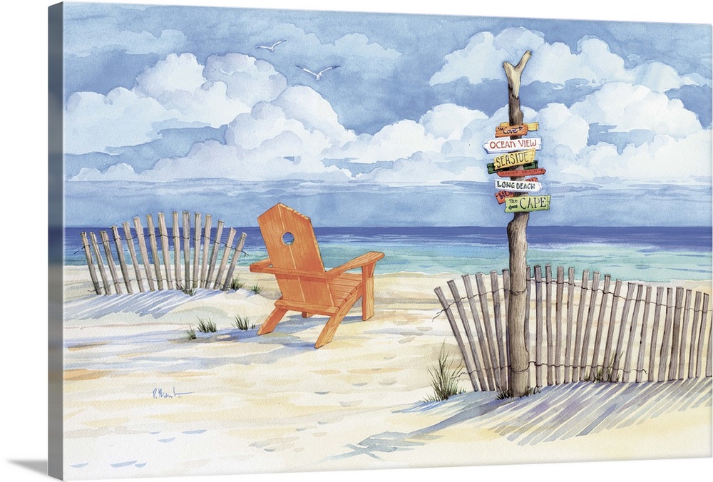 Watercolor painting of an adirondack chair on a sandy beach with a signpost.