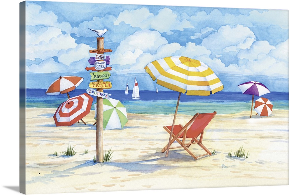 Contemporary painting of a beach scene with many striped umbrellas and a post full of signs.