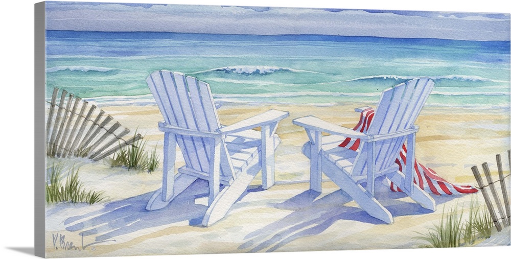 Watercolor painting of two adirondack chairs on the beach next to dune fences.