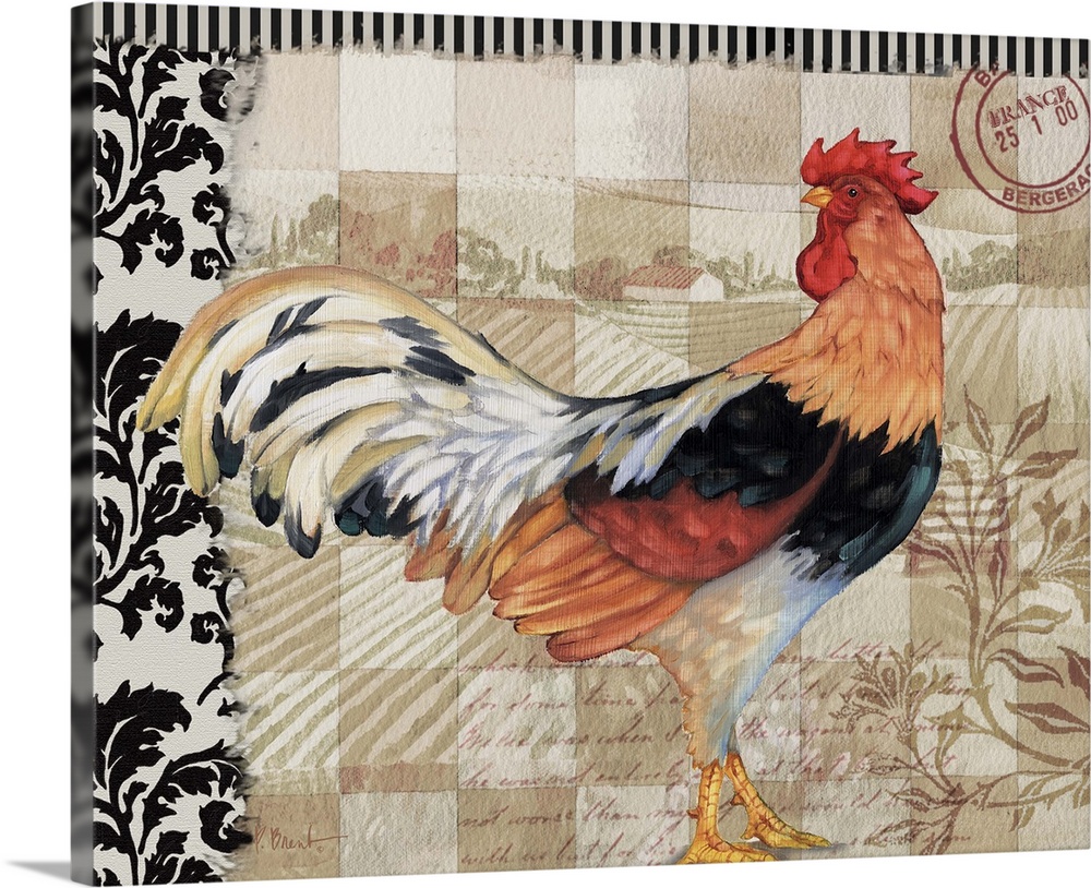 Portrait of a colorful rooster on a decorative French Countryside background, with collage elements.