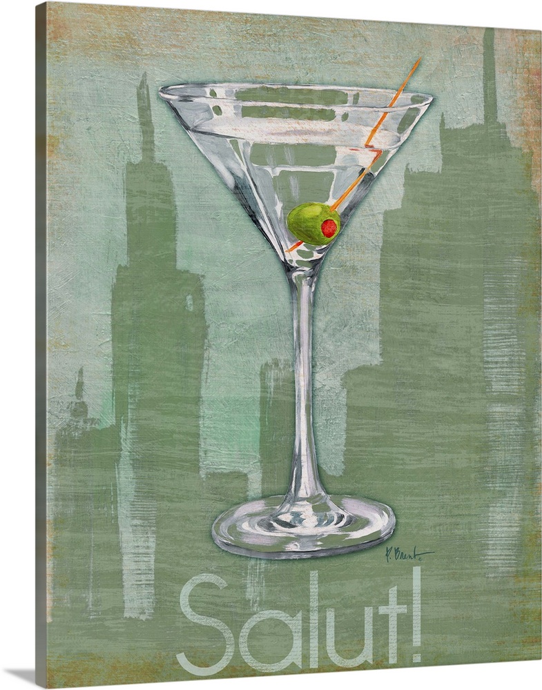 Painting of a martini cocktail over a silhouetted city skyline.