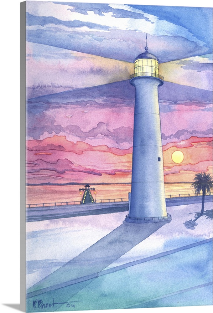 Watercolor painting of a lighthouse at dusk on the shore in Mississippi.