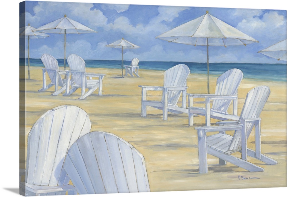 Beach chairs and umbrellas on a sandy beach.