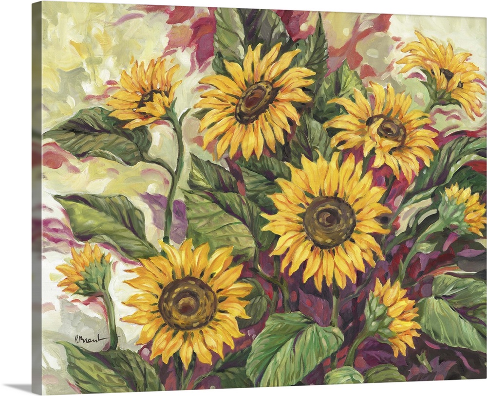 Painting of an arrangement of sunflowers of different sizes.