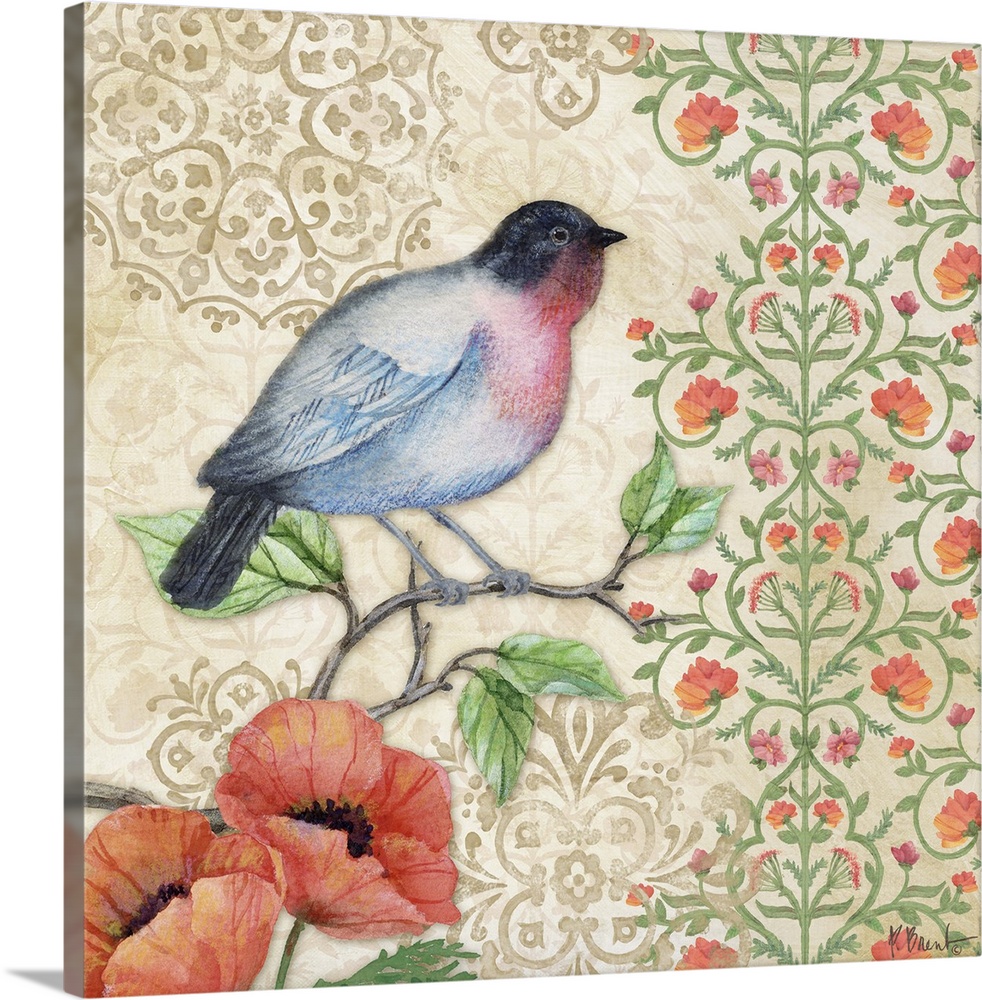 Contemporary decorative artwork with a floral and vine design with a songbird.
