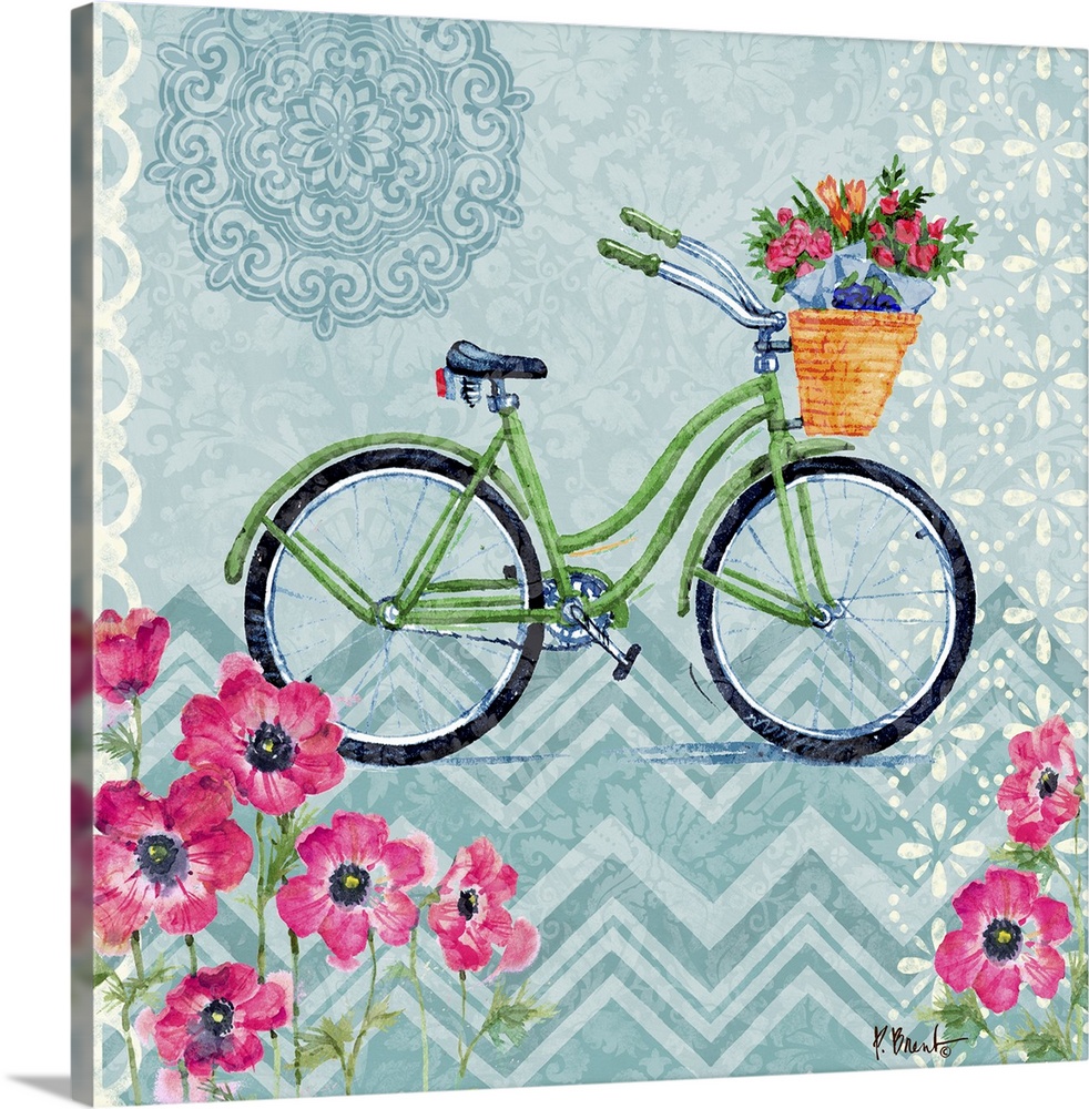 Decorative panel of a vintage bicycle with a basket of flowers on a textured background and flowers on the edges.