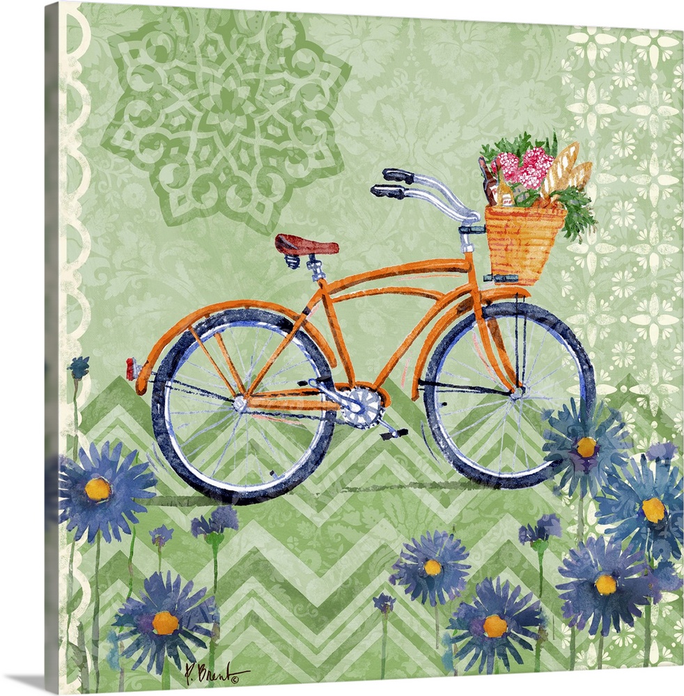 Decorative panel of a vintage bicycle with a basket of flowers on a textured background and flowers on the edges.