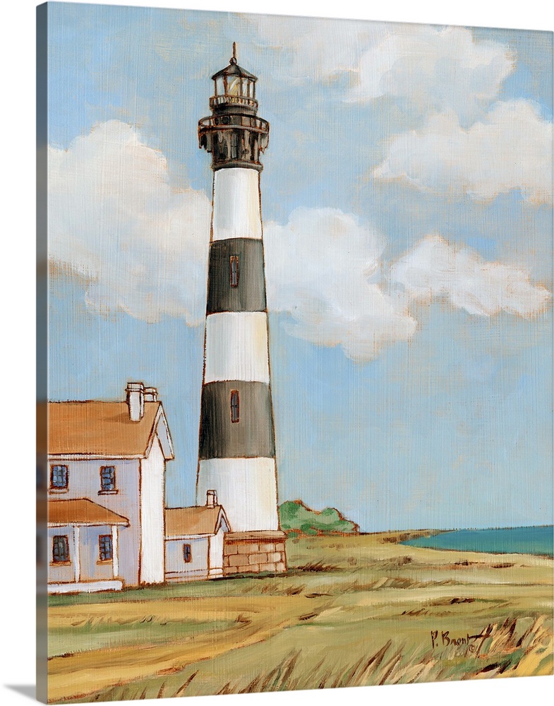 Painting of the striped Bodie Island lighthouse on the Outer Banks against a cloudy sky.