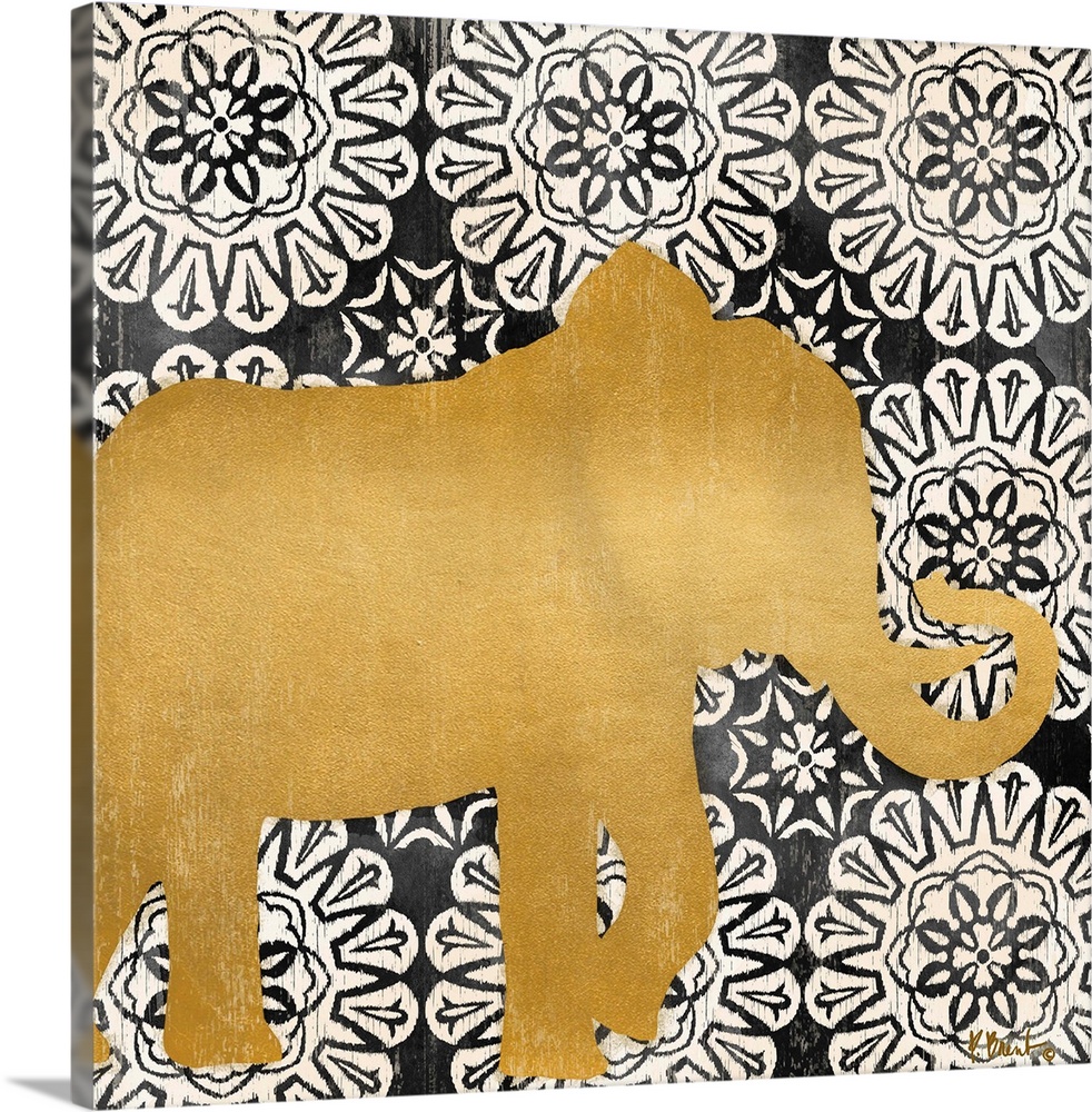 Square decor with a metallic gold silhouette of an elephant on a black and white mandela patterned background.